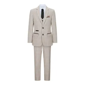 Boys 3 Piece Beige Tweed Check Vintage Retro Suit