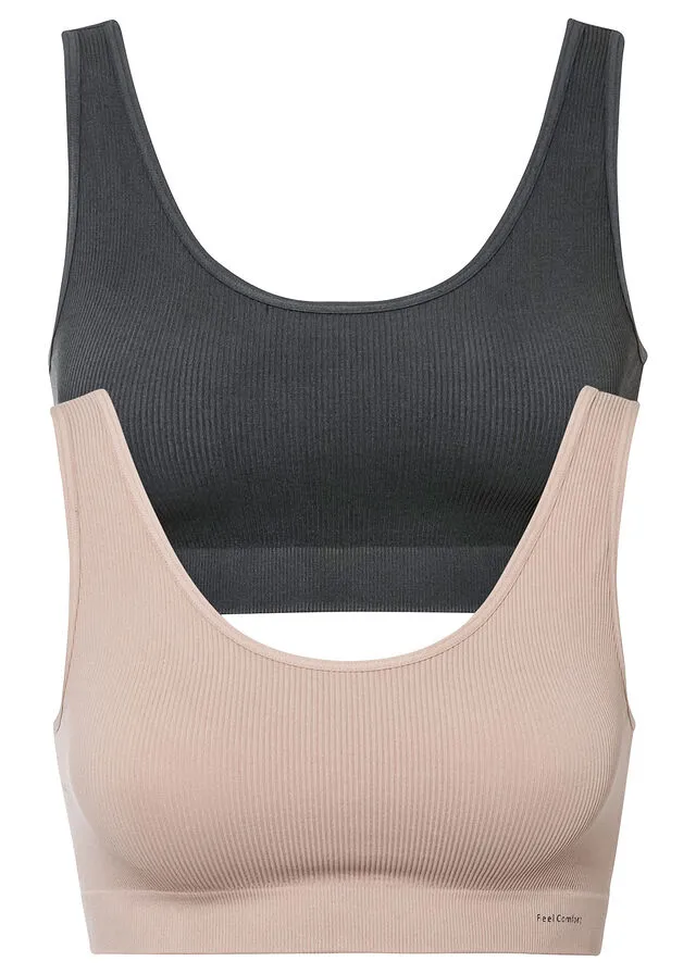 Bustier Feel Comfort acanalado y sin costuras (2 unidades) Antracita + beige mate