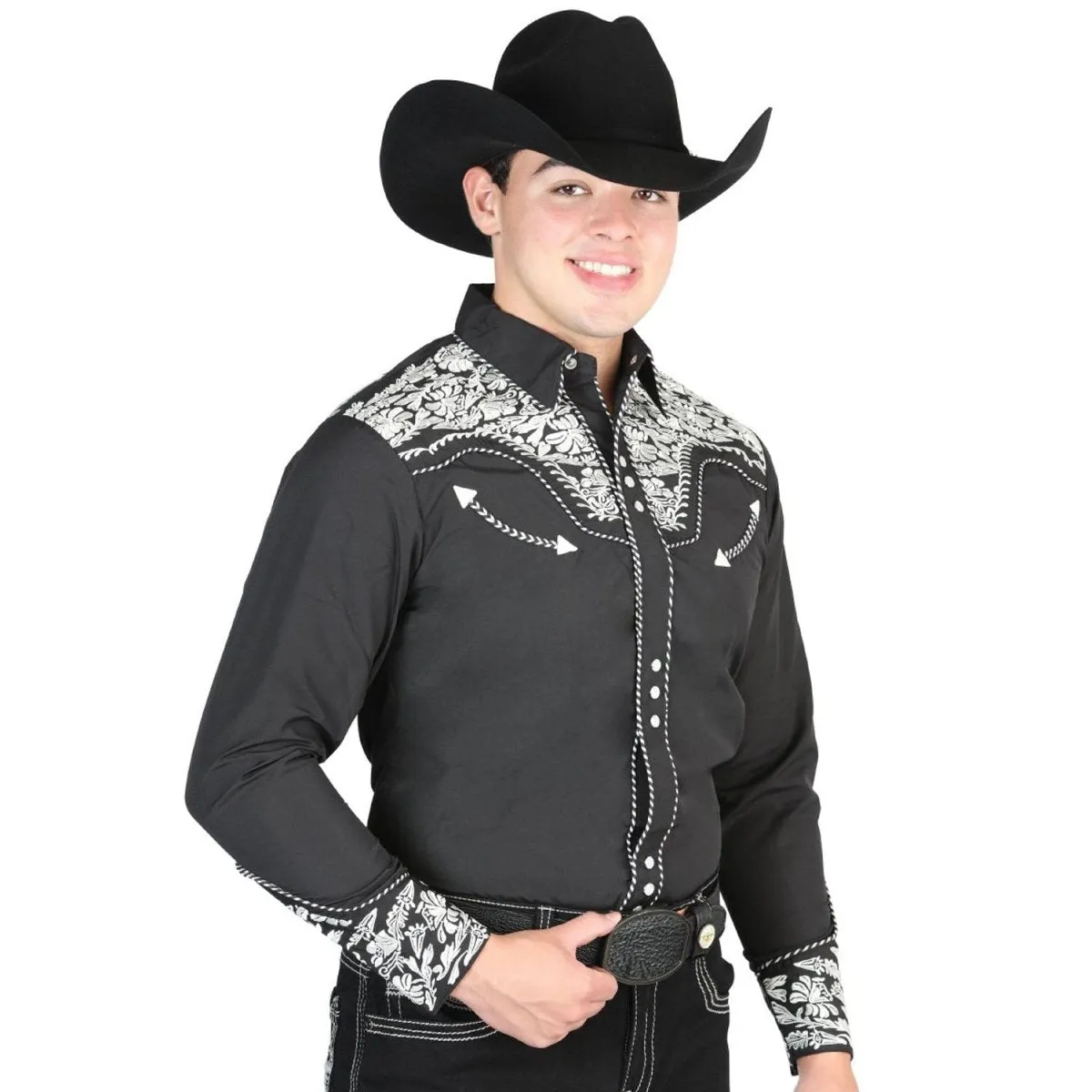 Camisa Vaquera Bordada El Seor de los Cielos Color Negro y Beige GEN-44333