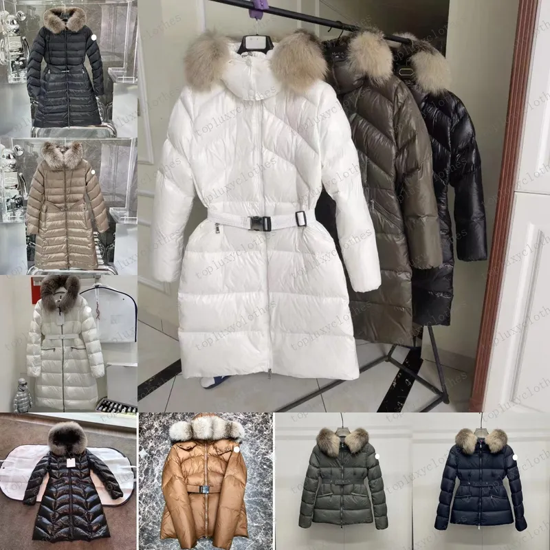 Chaqueta de plumón para mujer Chaquetas de invierno Abrigos Cuello de pelo de mapache real Parkas de moda cálidas con cinturón A