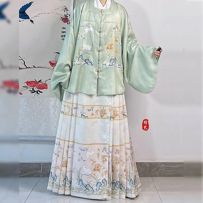 Hanfu Horse Face Skirt Women Chinese Traditional Hanfu Pleats Skirt Shirt+skirt 2 Piece Sets Blue Green Beige Plus Size Xl Green