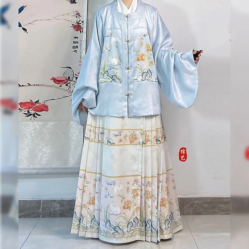 Hanfu Horse Face Skirt Women Chinese Traditional Hanfu Pleats Skirt Shirt+skirt 2 Piece Sets Blue Green Beige Plus Size Xl Green