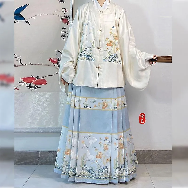 Hanfu Horse Face Skirt Women Chinese Traditional Hanfu Pleats Skirt Shirt+skirt 2 Piece Sets Blue Green Beige Plus Size Xl Green