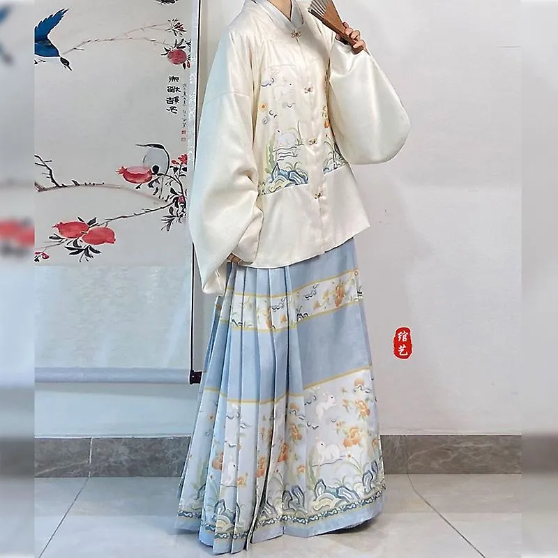 Hanfu Horse Face Skirt Women Chinese Traditional Hanfu Pleats Skirt Shirt+skirt 2 Piece Sets Blue Green Beige Plus Size Xl Green