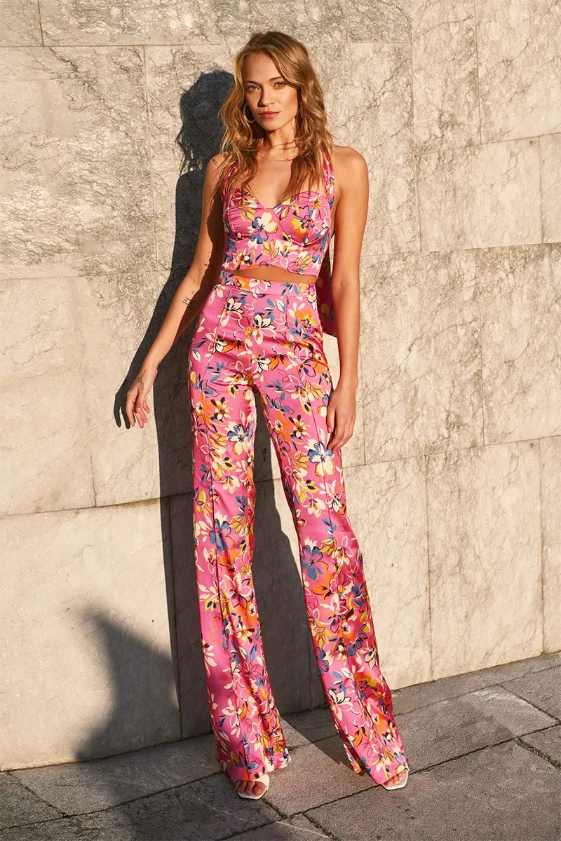 Pantalón Palazzo estampado flores rosa Amber