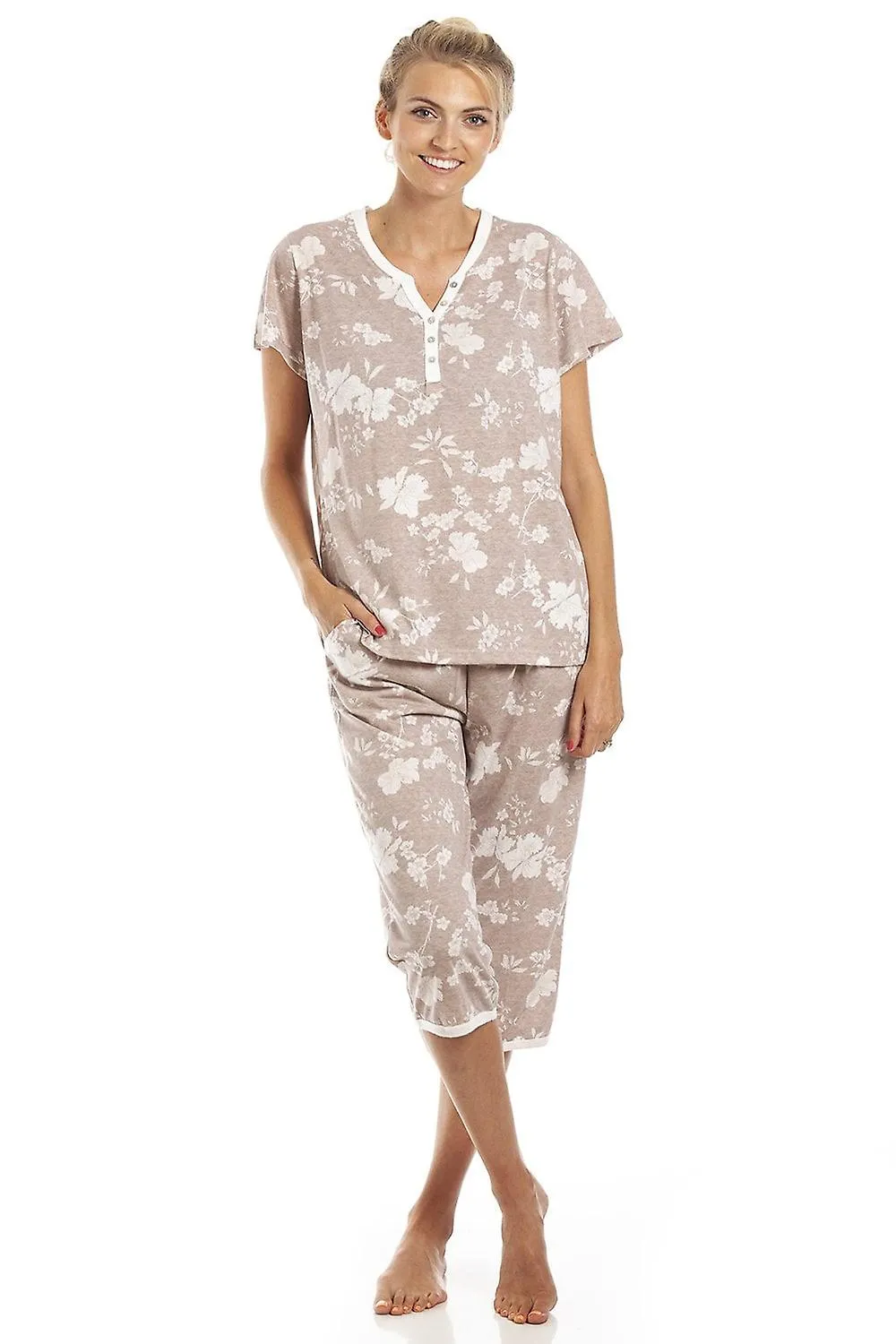 Women's Camille Womens Beige Lightweight White Floral Capri Pyjama Set