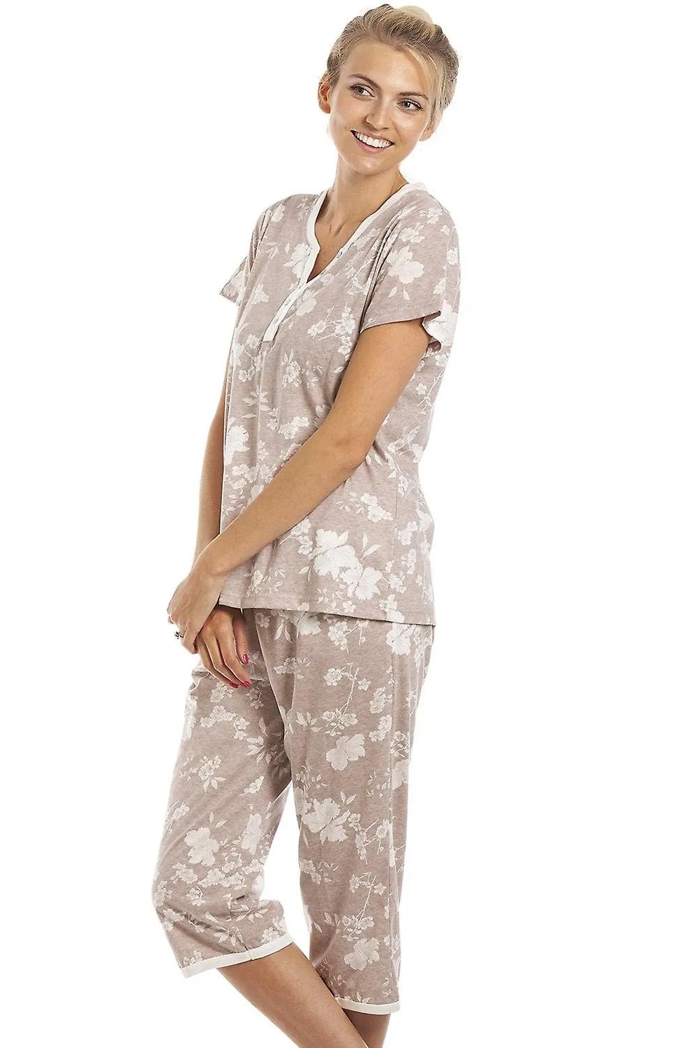 Women's Camille Womens Beige Lightweight White Floral Capri Pyjama Set